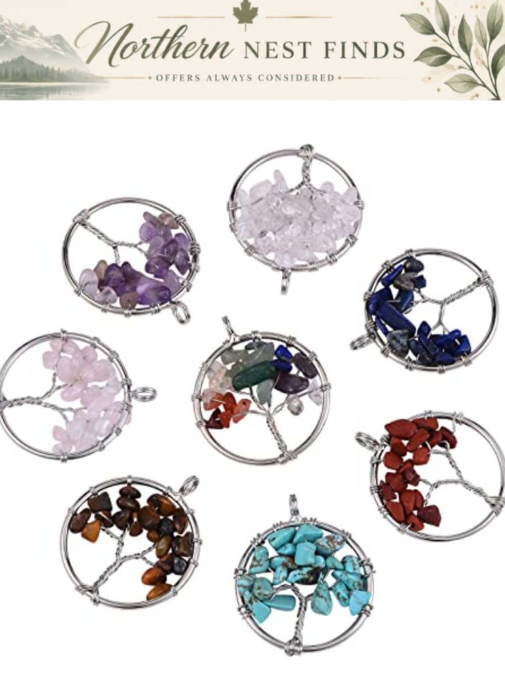 14pc Tree of Life Gemstone Charms Hexagonal Pendant Jewelry Making
